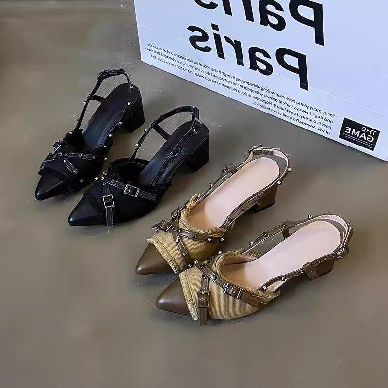 Design sense niche temperament high heels Korean version retro Spice Girl rivet thin heel bag head cool slippers spring 2025