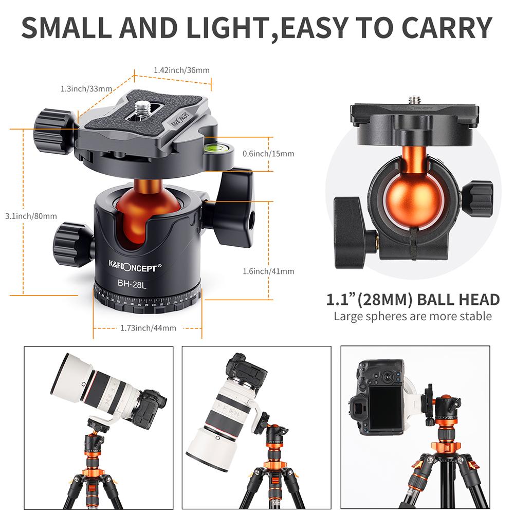 K&F CONCEPT BH-28L Ballhead Tripod Mount Adapter 28mm Large Ball Head Adapter with Quick Release