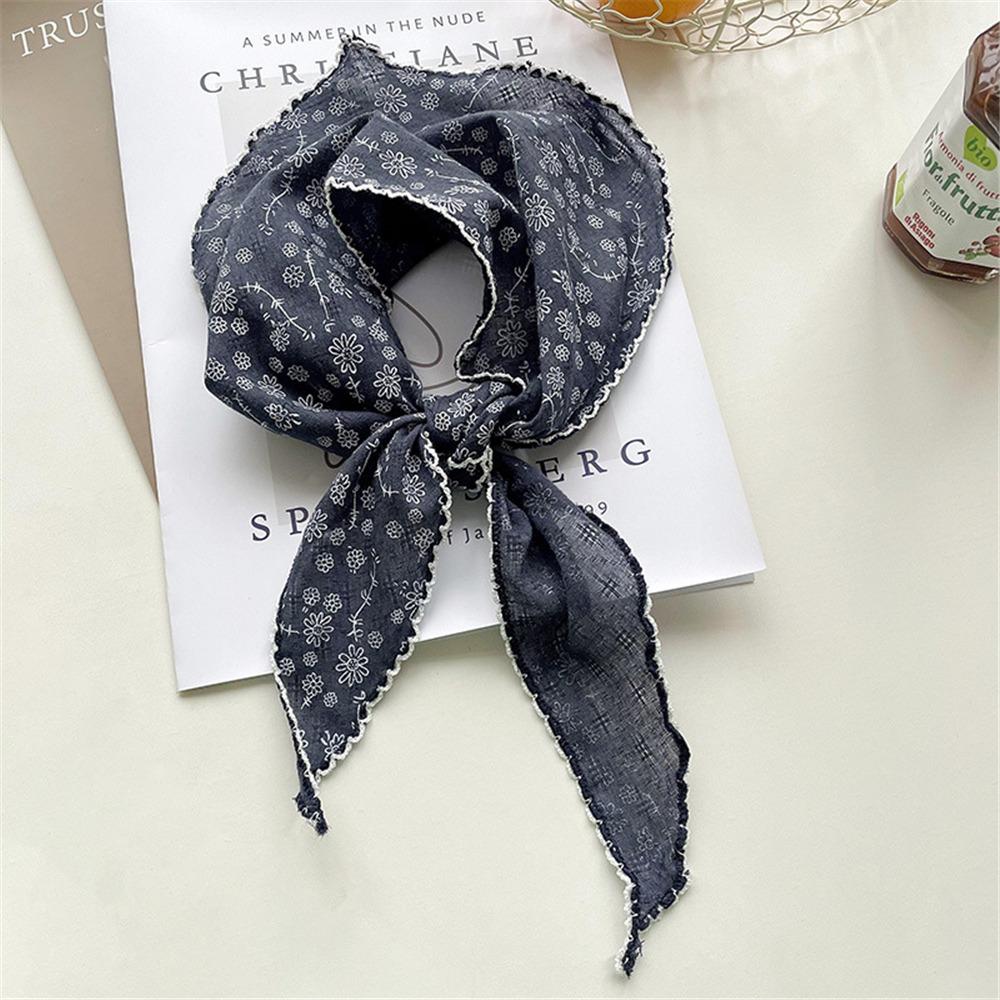 Lightweight Floral Triangle Scarf Korean Style Thin Vintage Neck Scarf Head Wrap Breathable Cotton Linen Scarf for Women