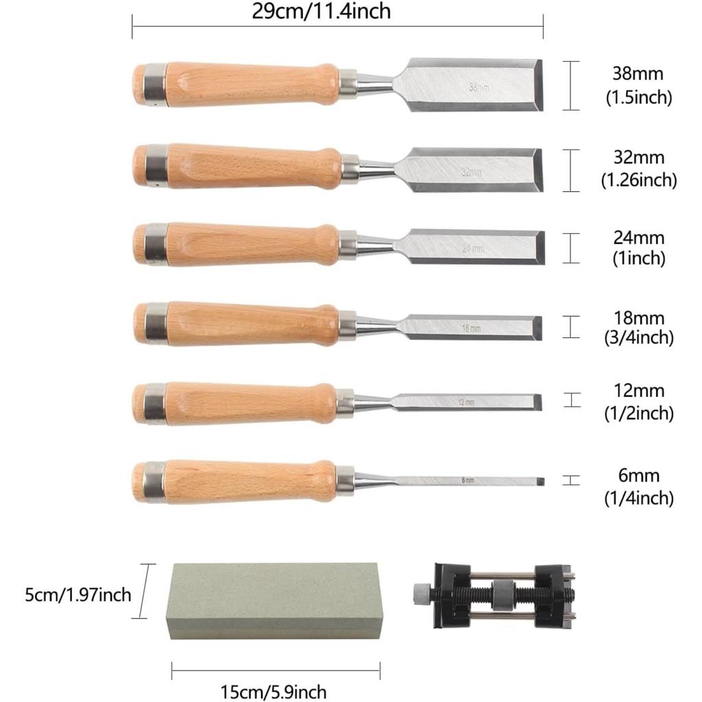 8 Pieces Wood Chisel Tool Sets, 11.4in Woodworking Carving Chisel Kit with Honing Guide, Sharpening Stone and Wooden Case