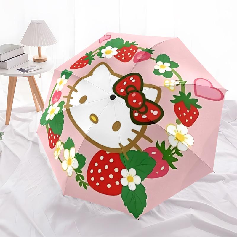 1pc Hello Kitty Strawberry Wreath Auto Open/close Umbrella, Portable Travel Umbrella, Everyday Use - Outdoor Accessory, Artistic Pattern, Compact Desi