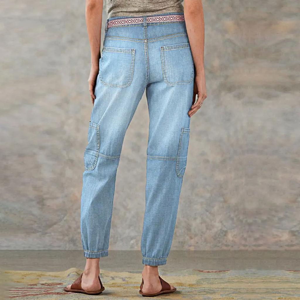 Straight Leg Button Fly Jeans For Women Multi Pocket Mid Jeans Without Belt Denim Pants