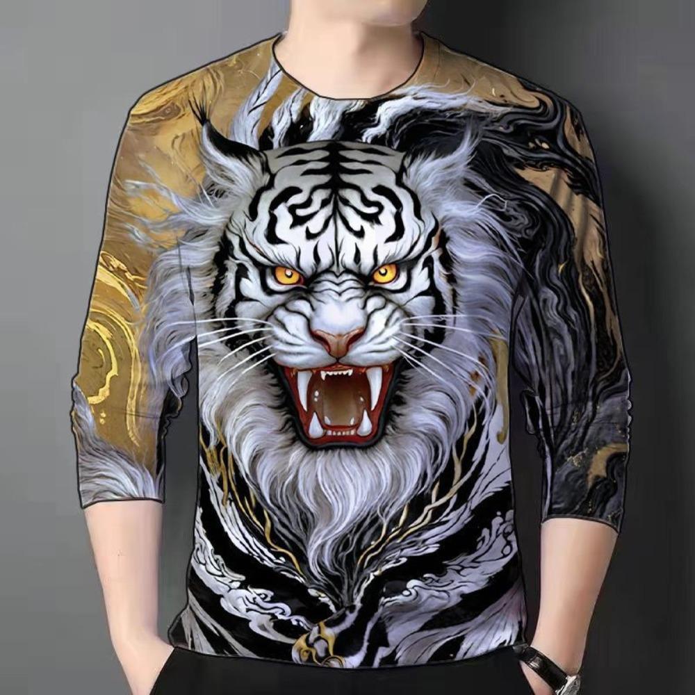 

Round Neck 3D Tiger Printed Top Casual Long Sleeved Men s T-shirts - Soft Medium Stretch Polyester Fabric Spring and Autumn Relaxed Fit Clothing 5XL