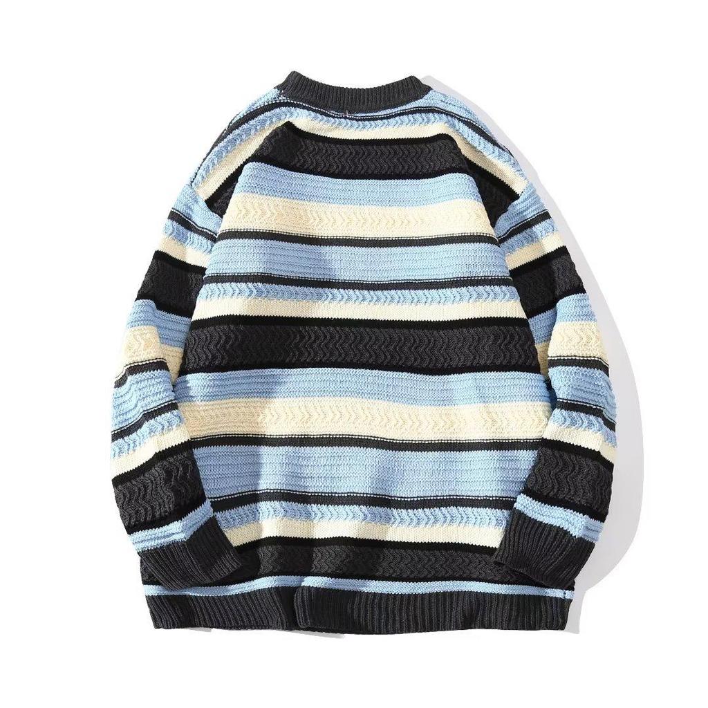 Men's Trendy Autumn Striped Knit Pullover Sweater, Casual Loose Fit, Round Neck, Long Sleeve