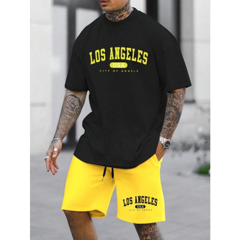 Set Casual pentru Bărbați Manfinity Homme, Tricou cu Mânecă Scurtă cu Imprimeu Litere și Pantaloni Scurți, Costum de Trening pentru Ieșit, Cadou pentru Iubit