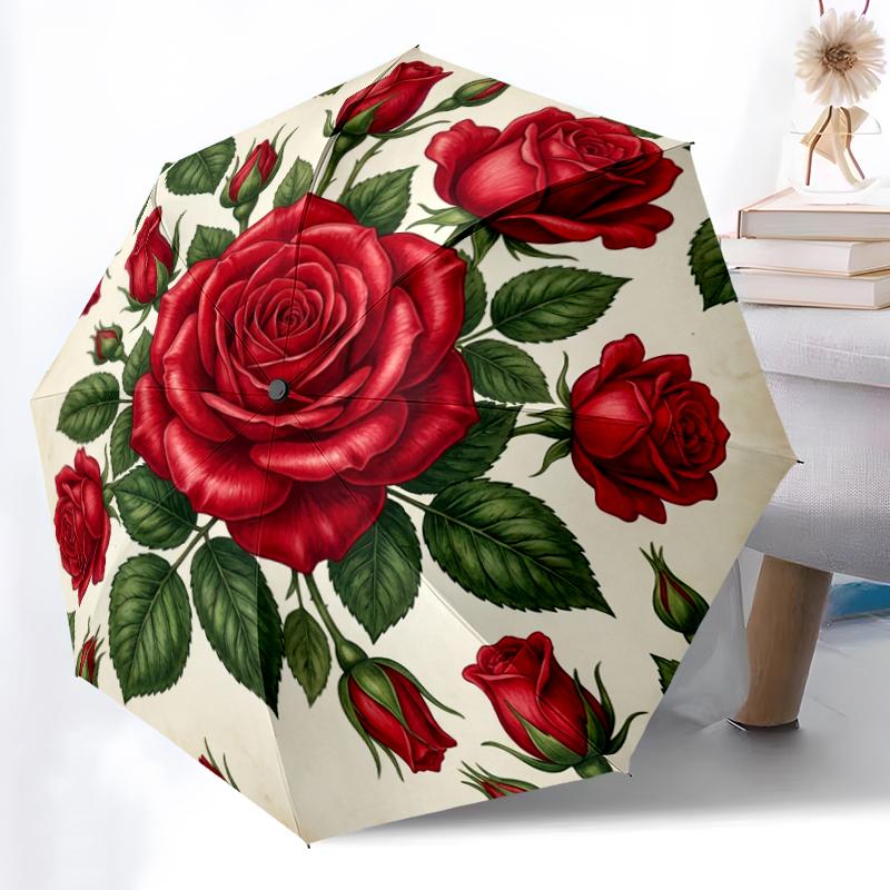 1pc Sturdy 8-Bone Auto Umbrella, Mixed Rose Bouquet Umbrella, Digital Printed, Foldable Umbrella for On-the-Go Outdoor Use