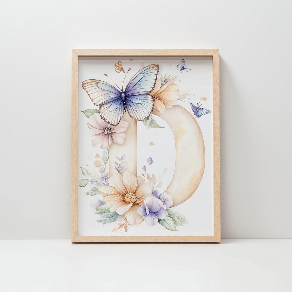 Plakat Urokliwa Litera "D" - Kwiaty I Motyle Plakat Urokliwa Litera "D" - Kwiaty I Motyle, 30X40 Cm, Bez Ramy, Płótno Premium Na Blejtramie