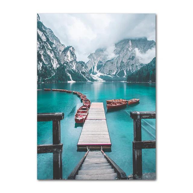 

Скандинавский пейзаж, печать на холсте, настенная живопись, лес, небо, озеро, лодка, снежная гора, скандинавский современный постер, украшение, изображение 21x30cm No Framed