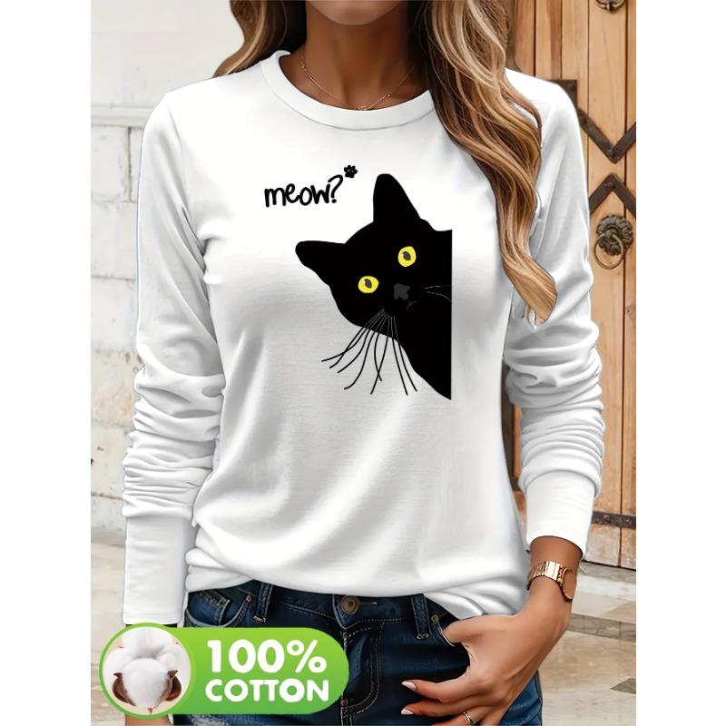 Women's spring and autumn comfortable casual fashion long sleeved cat graphic printed round neck T-shirt