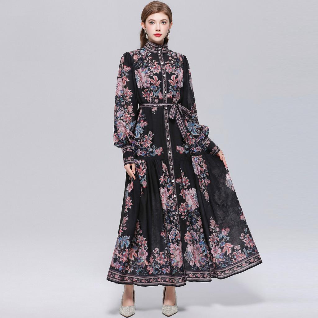 Summer Autumn Holiday Flower Maxi Dresses Women's Stand Collar Lantern Sleeve Single-breasted Sashes Floral Print Loose Long Dress