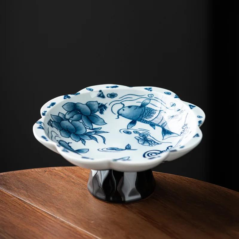 Haushaltsteller im chinesischen Stil zur Aufbewahrung von Nüssen und Keksen, blauweißes Porzellan, Obstteller, Wohnzimmertischplatte, Aufbewahrungstablett für Kleinkram