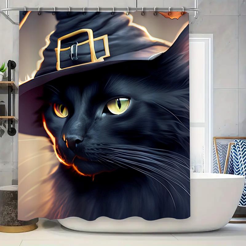 

Colorful Halloween Cat Shower Curtain With Witch Hat Design For Bathroom Decoration Black Magic Theme W60H190(CM)-1 Pcs