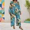 Women Plus Size Two Piece Set Round Neck Long Sleeve Printed Layered Top Green Blue Wide Leg Cropped Pants