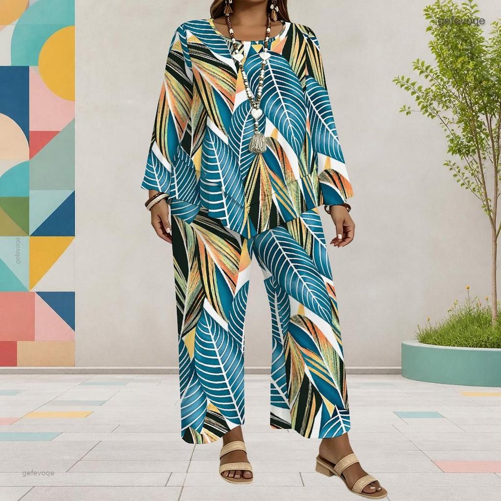 Women Plus Size Two Piece Set Round Neck Long Sleeve Printed Layered Top Green Blue Wide Leg Cropped Pants