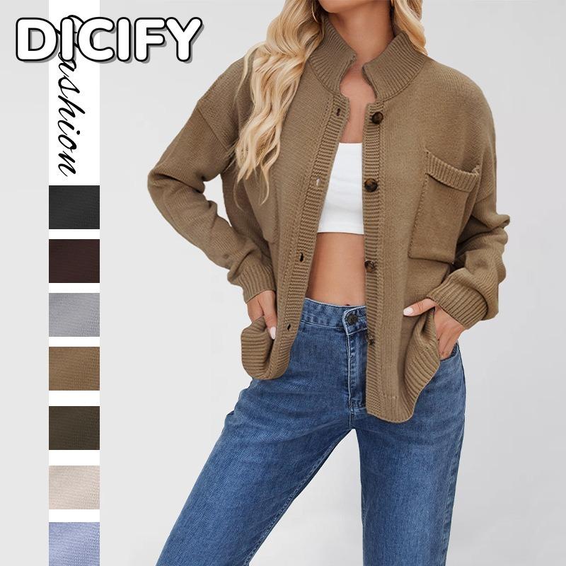 DICFY Women's Vintage Casual Solid Color Print Autumn Winter Long Sleeve POLO Neck Jackets & Coats