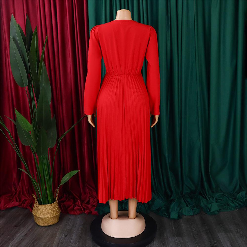 IHUASU Dame Langermet Snøring Ensfarget V-hals Slim Plissert Plussstørrelse Kjole