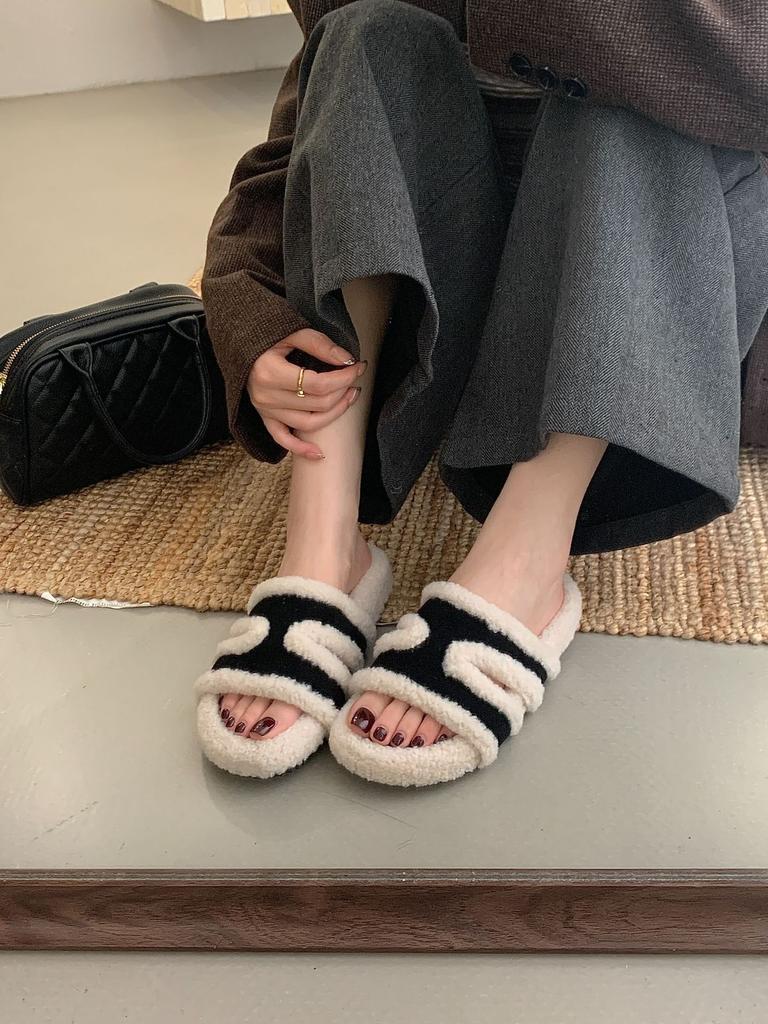 Thick-bottomed Boken Wool Slippers for Women In the Autumn and Winter of 2025, the New Korean Version of One-word Wool Slippers, and the Small Person 
