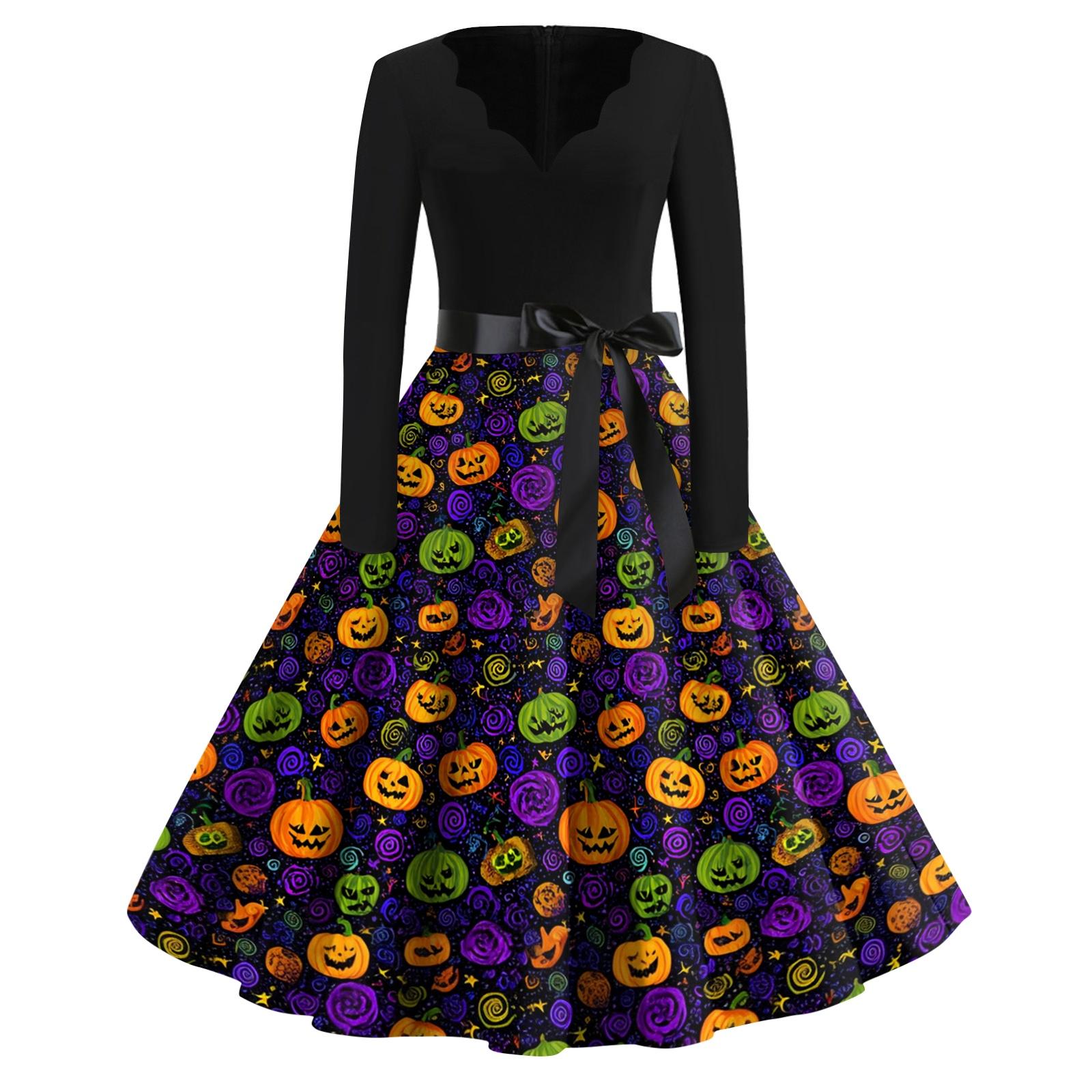 

Women Casual Vintage V Neck Dress Halloween Print Long Sleeve Retro Fit and Flare Dress with Waist Tie for Everyday Wear XXL