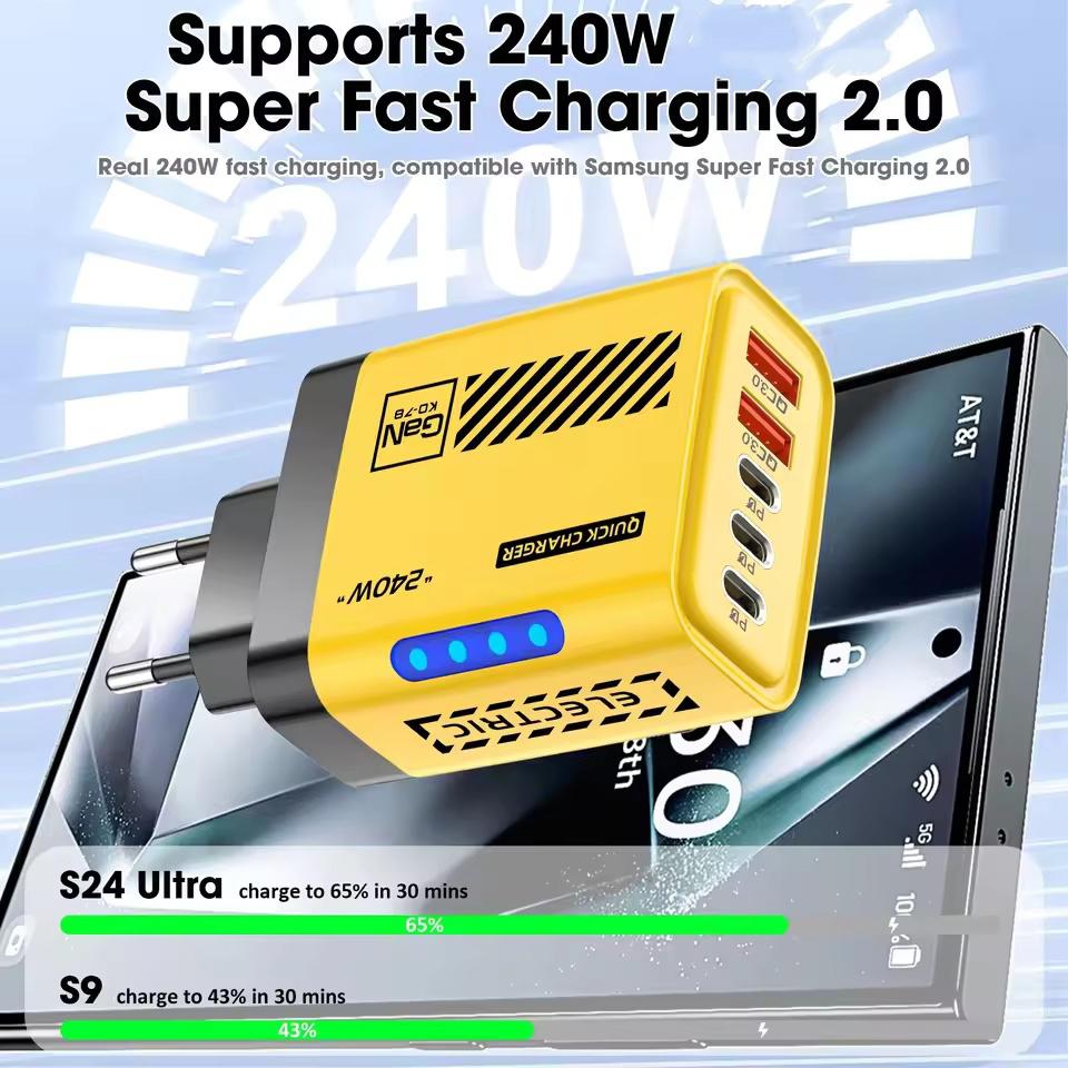5 IN 1 GaN Desktop Charger For IPhone17 16Pro Laptop Samsung 240W Fast Charging Adapter USB C To Type-C Cable 3PD 2USB Charger