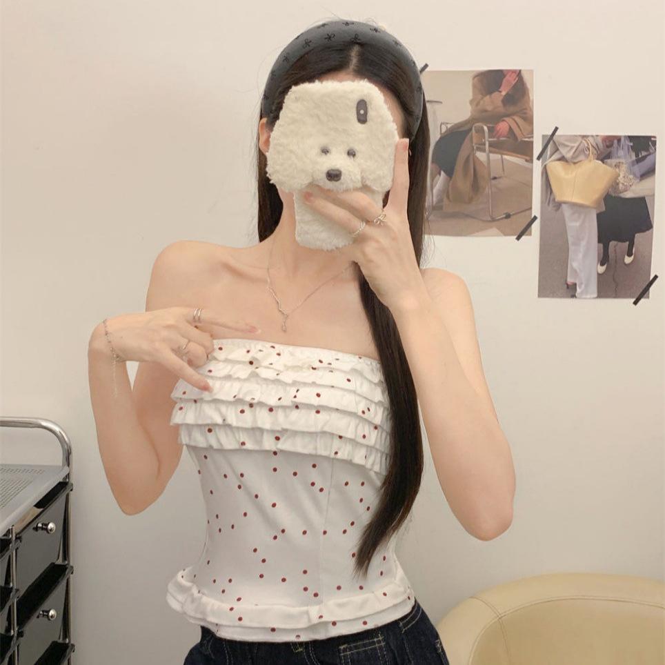#Summer New Sweet and Spicy Polka Dot Printing Tube Top Slim and Thin Women's One-piece Top with Chest Pad