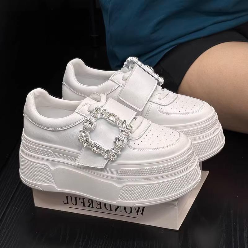 

Туфли Gu Yun со стразами и квадратной пряжкой, на толстой подошве, белые, женские, лето и осень 2024 года, новые дышащие повседневные спортивные туфли на шнуровке 35 белый