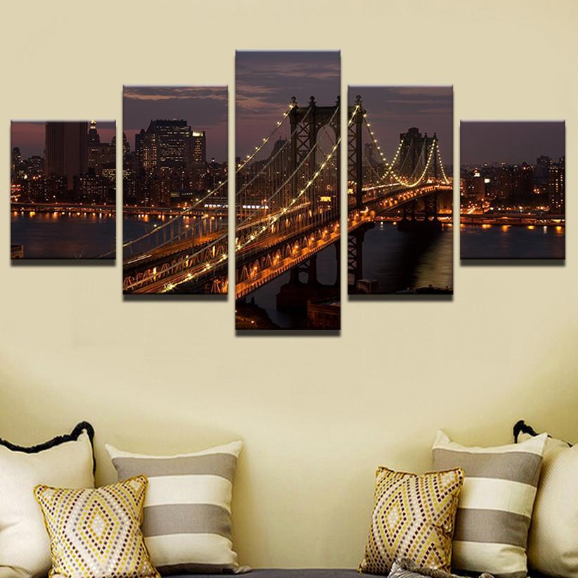 Home Decor Modular Plakat 5 Panel Manhattan Bridge Natt Landskap Maleri Moderne Lerretstrykk Bilder Dekor Vegg Kunst Ramme Ingen ramme