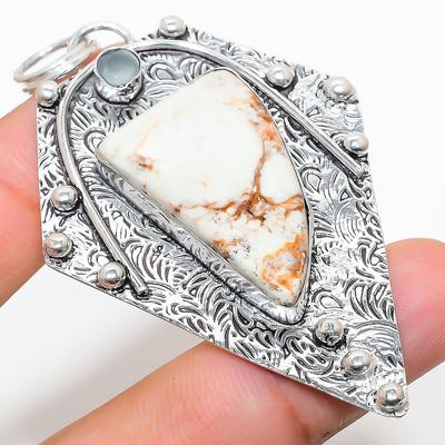 Natural Wild Horse, Chalcedony Gemstone 925 Sterling Silver Pendant 2.88" B8q80