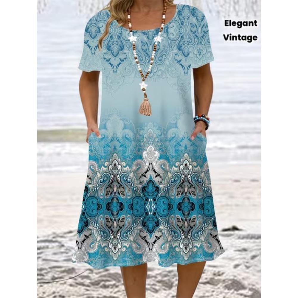 Women's Fashion Vintage Pattern Print Summer Spring Short Sleeve O-Neck Casual Dresses