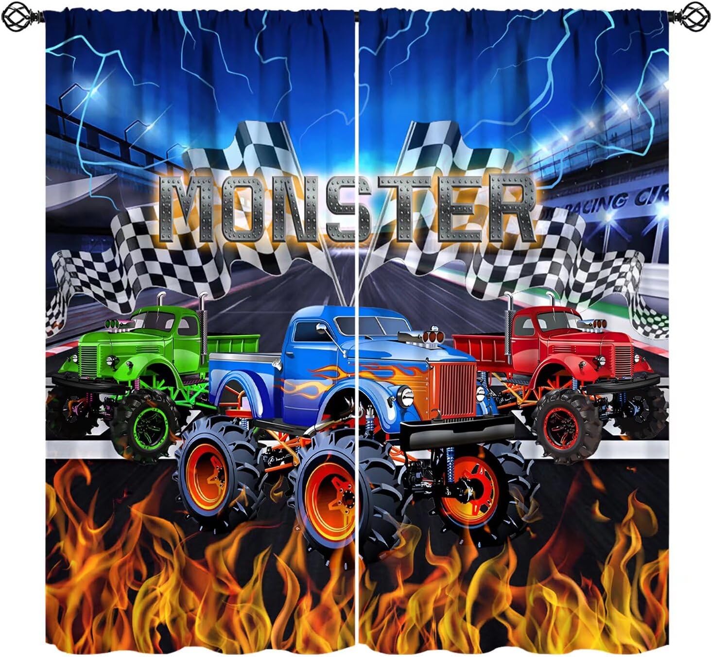 Monster Truck Curtains for Boys, Cartoon Red Blue Car Game Cool Racing Window Curtains for Kids Bedroom Living Room Playroom 60×150cm