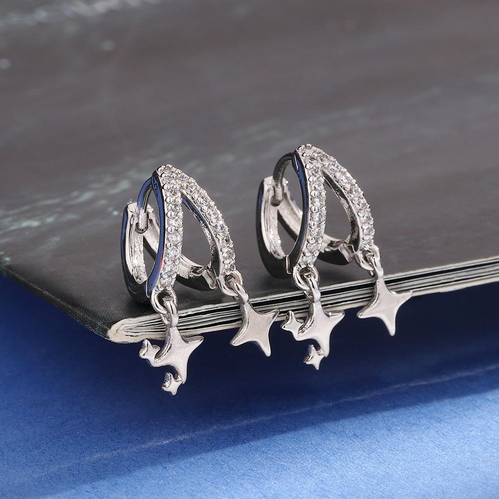 Doppelte Zirkon Stern Ohr Schnalle Trendy Pendler Ohrringe Wind Asymmetrische Tetragonal Stern Fransen Ohrringe