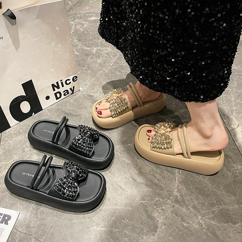 Thick Bottom Step On Shit Wear Summer Bow 2025 New Slippers Rhinestone Feeling Female Outer Drag with Skirt Non-slip Sandals