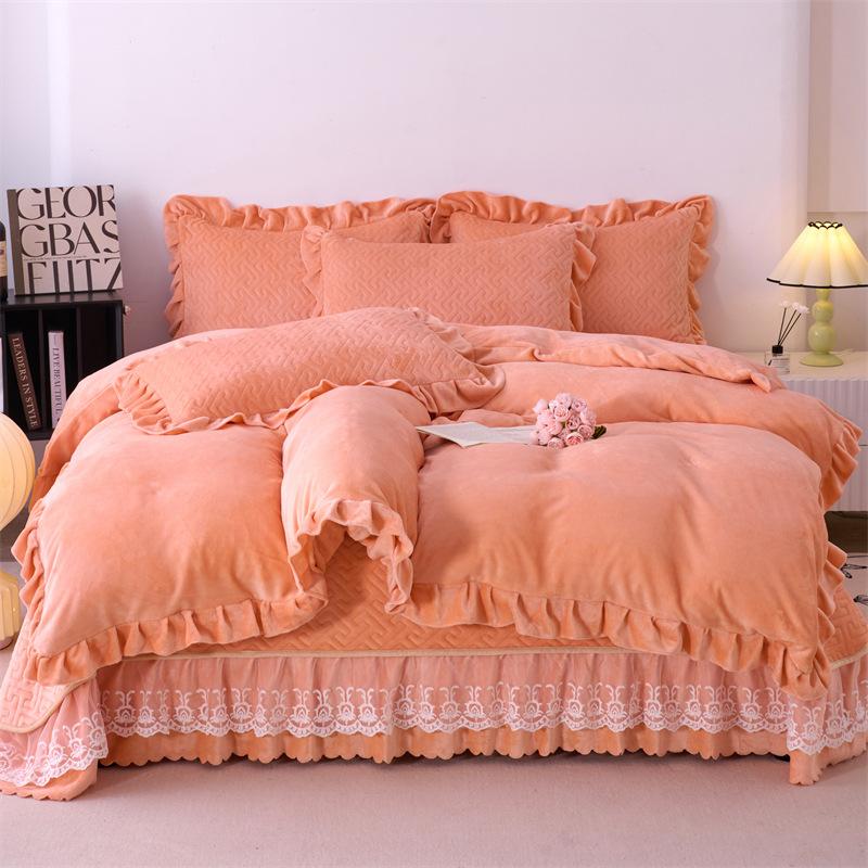 

5.5Kg Solid Color Super Soft Thickened Milk Lace Bed Cover Four-Piece 1.8M Bed Cover 1.8m cover 4pc оранжевый