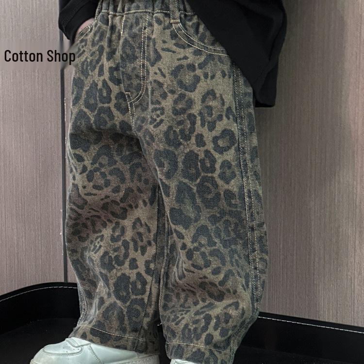 Chlapecké džíny s leopardím potiskem - Podzimní ležérní kalhoty pro děti v korejském stylu
