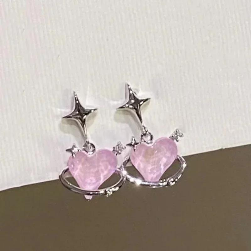 6Pcs Pink Heart Stud Earrings Set Women's Personality Korean Fashion Y2K Pink Crystal Temperament Star Earring Piercing for Ears