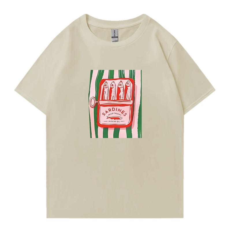 

2026 High Quality Sardines Can Graphics 100 Cotton Women Unisex Oversized Tshirt Summer Hip Hop Short Sleeve Tshirts Unisex Tops 4XL