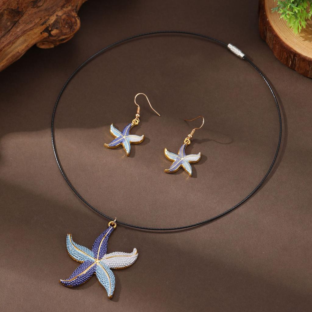 New Enamel Color Starfish Earrings Pendant Set Women's Simple Small Clear Beach Starfish Neck Necklace