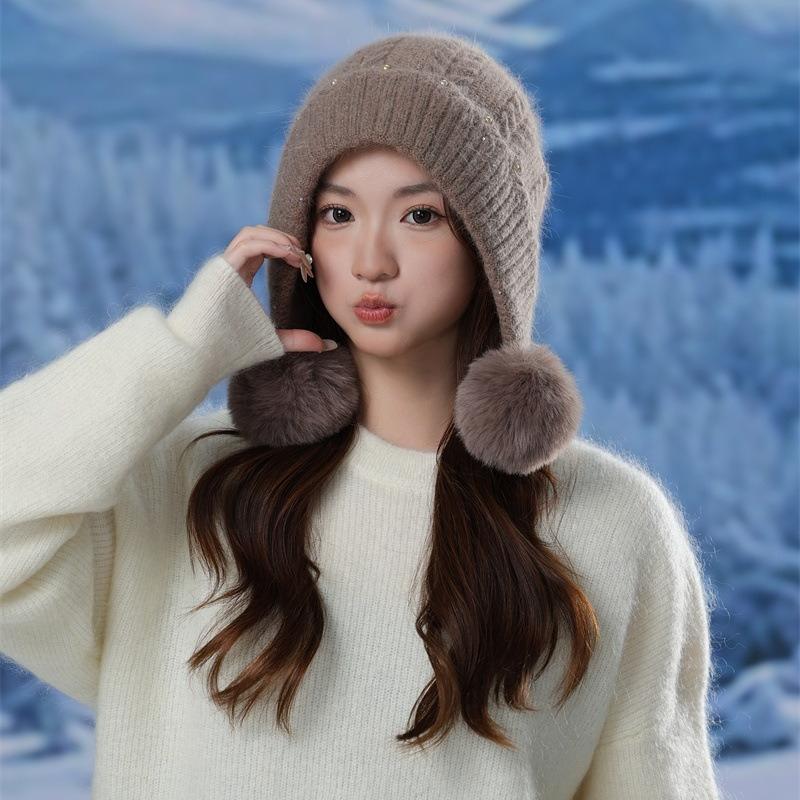 Fleece Kaninchenfell Gestrickte Thermomütze Damen Herbst und Winter Mode Pompon Ohrenschützer Wolle Pullovermütze