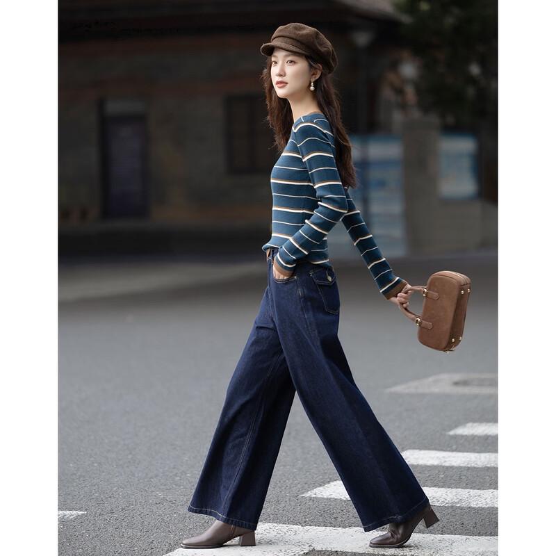 Women's Autumn Striped Slim-fit Knit Sweater with Merino Wool Blend