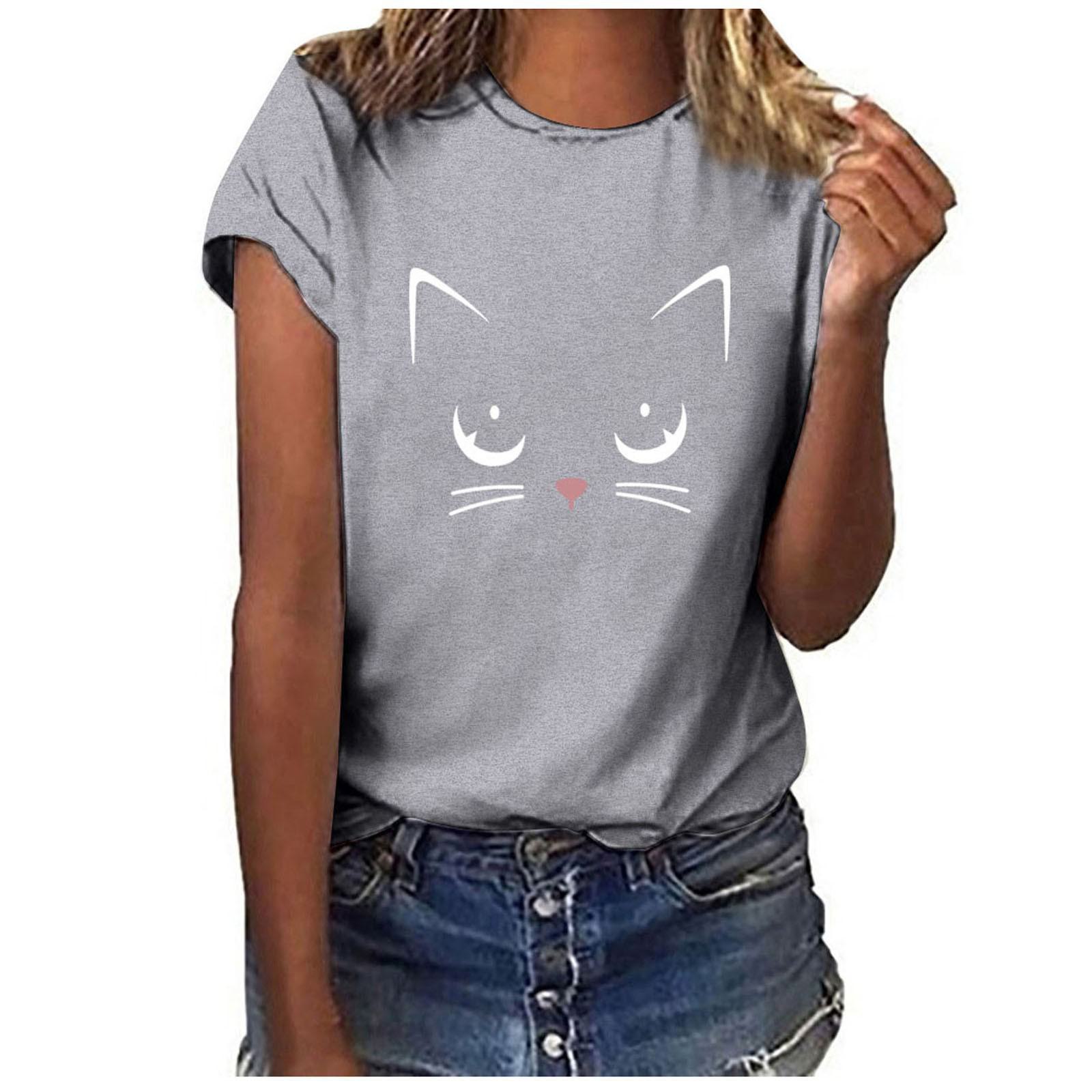 

Футболка с короткими рукавами и принтом «Девочка-кошка» 2024 года — повседневная, свободного кроя. L светло-серый