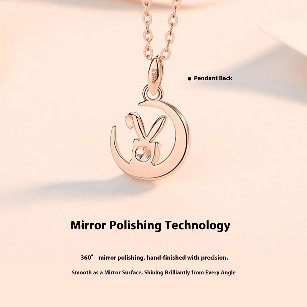 925 Sterling Silver Moon Jade Rabbit Necklace Women's New One-carat Mozzarella Rabbit Versatile Pendant Birthday Gift