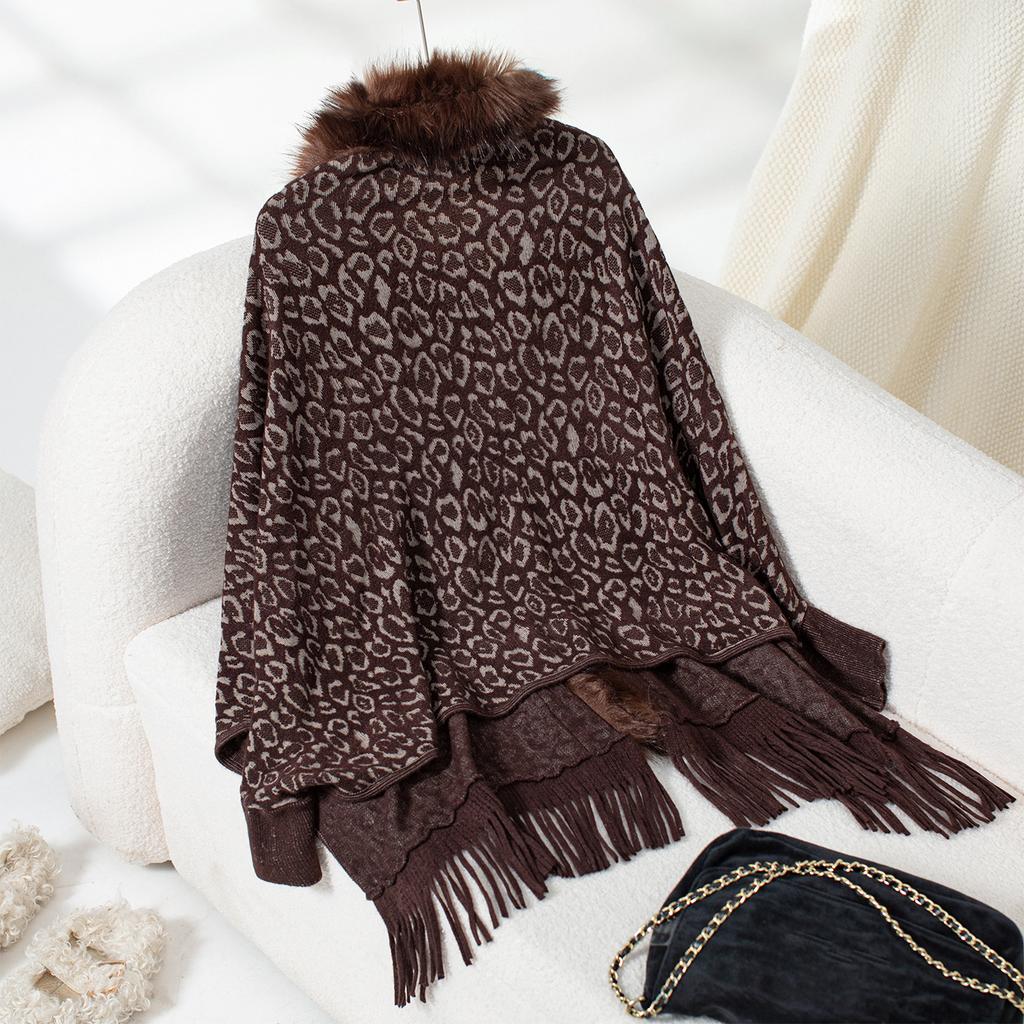 Women's Autumn and Winter Large Size Leopard Print Fur Collar Knitted Cardigan Loose Bat Sleeve Cape Sweater Top Women 6 Colors