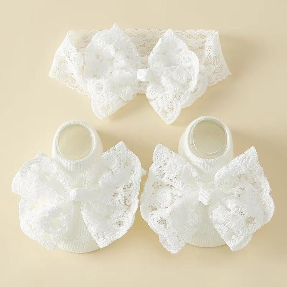 2Set Korean Style Baby Headband Socks Set Lace Bow Elastic Hair Band Anti Slip Socks  0-12 Months