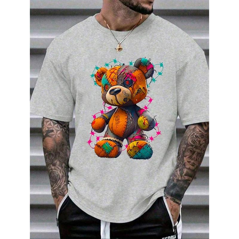 Herren Sommer 100 Baumwolle Modisch Lässig Sportlich Locker Groß Cartoon Teddybär Muster Bedruckt Rundhals Kurzarm T-Shirt