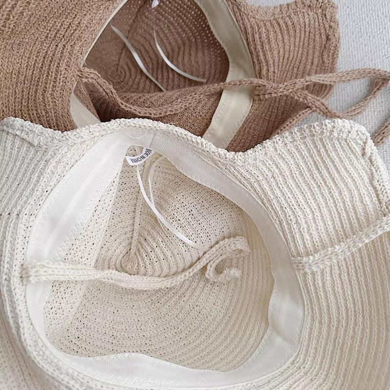 Summer Women Knitted Sun Hat Solid Color Breathable Wide Brim Bucket Hats Ins Korean Girl Beach Travel Windproof Strap Basin Cap