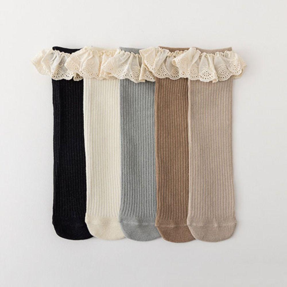 5Pairs Ruffled Edge Baby Calf Socks Baby Lace Trim Long Tube Infant Cotton Stockings Cotton Toddle Cartoon Above Knee Socks