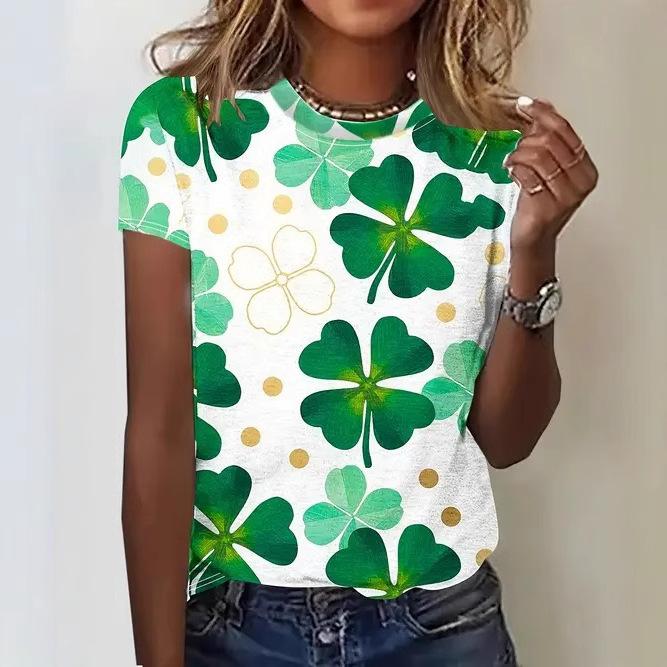 

Летний топ с круглым вырезом и принтом в виде 3D-клевера, модные повседневные женские футболки с короткими рукавами XS