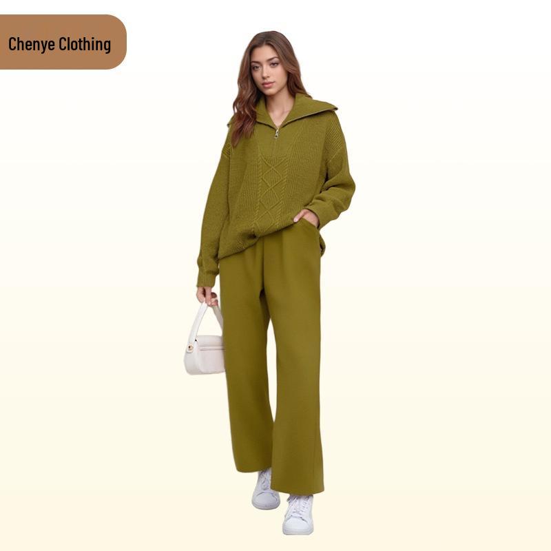 

Комплект трикотажного топа с высоким воротником и брюк широкого кроя Осень/Зима 2025 One Size желто-зеленый