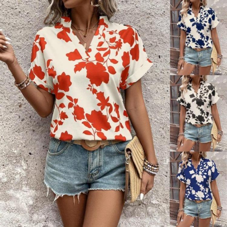 

Women s Floral V-neck Bat Sleeve Shirt Fashion Casual Loose Fitting Top S
