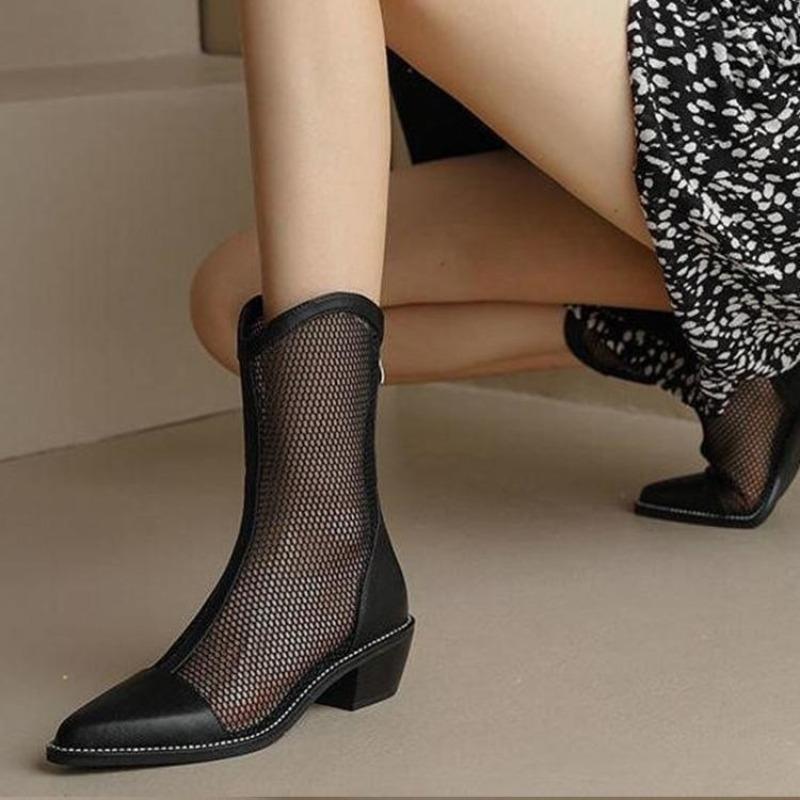 New Soft Leather Women's Boots for Summer 2025, Breathable Mesh with Perforated Thick Heels and Anti-slip Women's Cool Boots