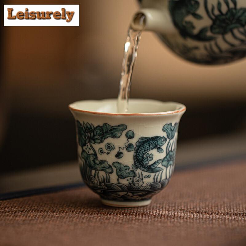 2pc/lot Imitation Song Ru Kiln Tea Cup Fish Algae Pattern Mouth Cup Small Master Single Cup Meditation Cup Bowl Kung Fu Teaware